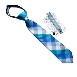 Littlest Prince Boys 2-5 Yr Blue Teal Gray Plaid Tie Necktie NEW Formal Wedding